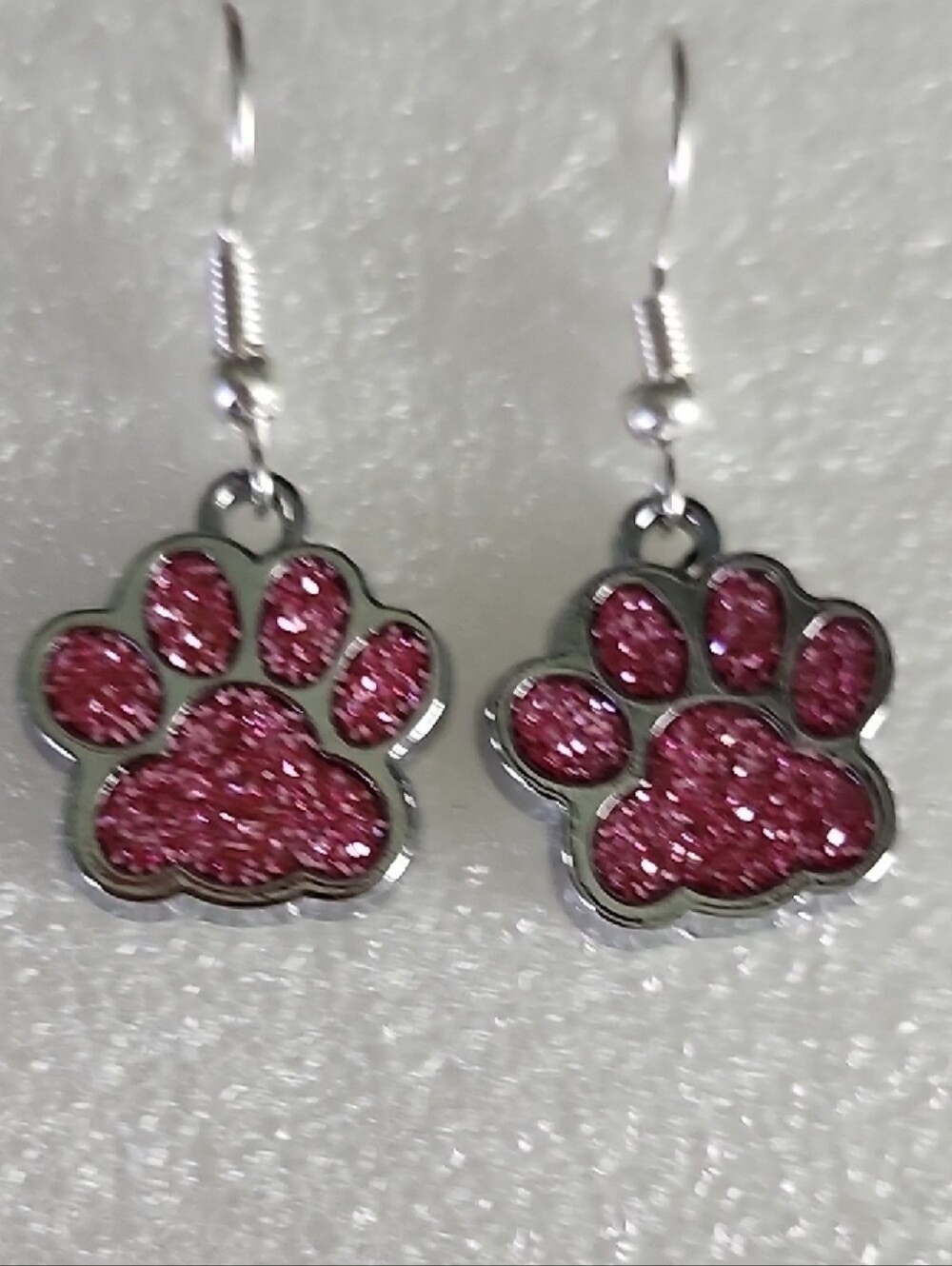 Hand Crafted Pink Glitter Paw Print Dangle Earrings - Women Jewelry